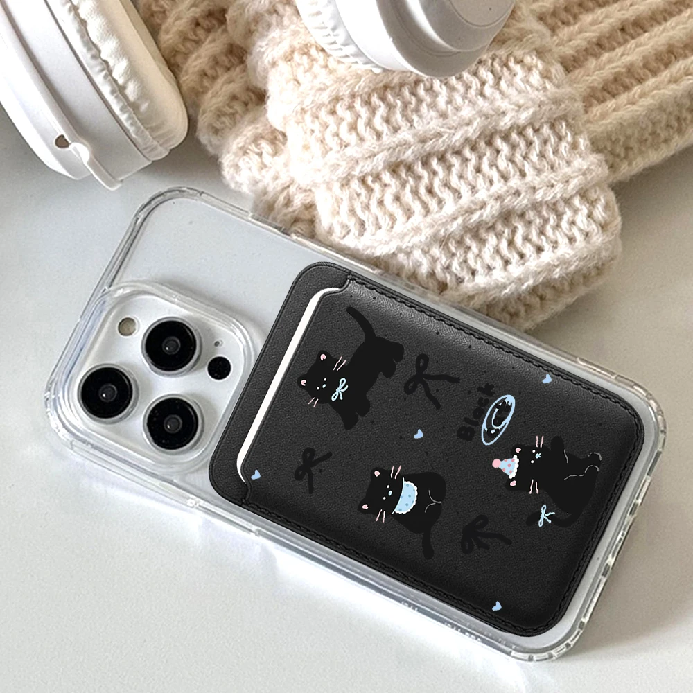 Niedliche schwarze Katzen-Leder-Kartenhülle mit Magnetverschluss, geeignet für alle iPhones, kompatibel mit MagSafe, Kartenhalter für die Rückseite des Telefons. – Detail 9