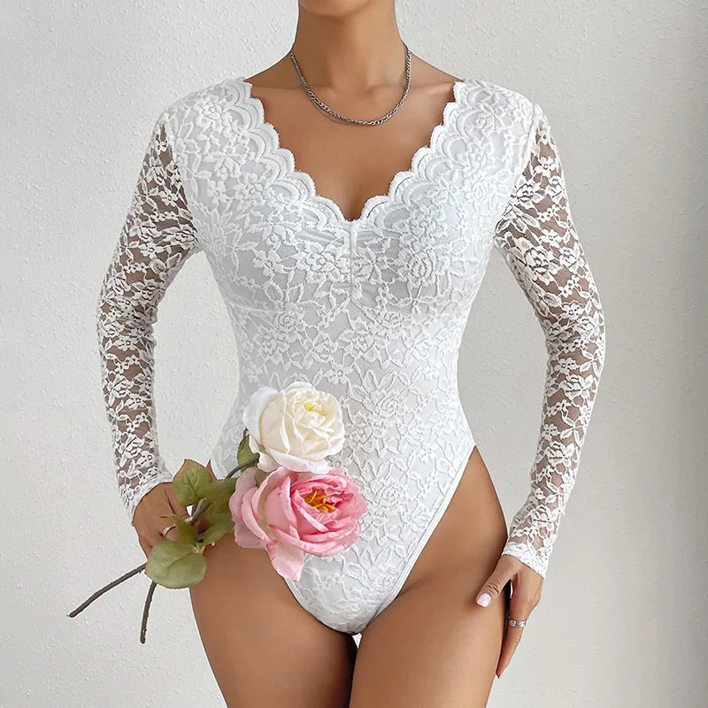 Luxuriöses und sexy, langärmliges, durchsichtiges, tailliertes, einteiliges Girlie-Kleid aus reiner Spitze für Damen