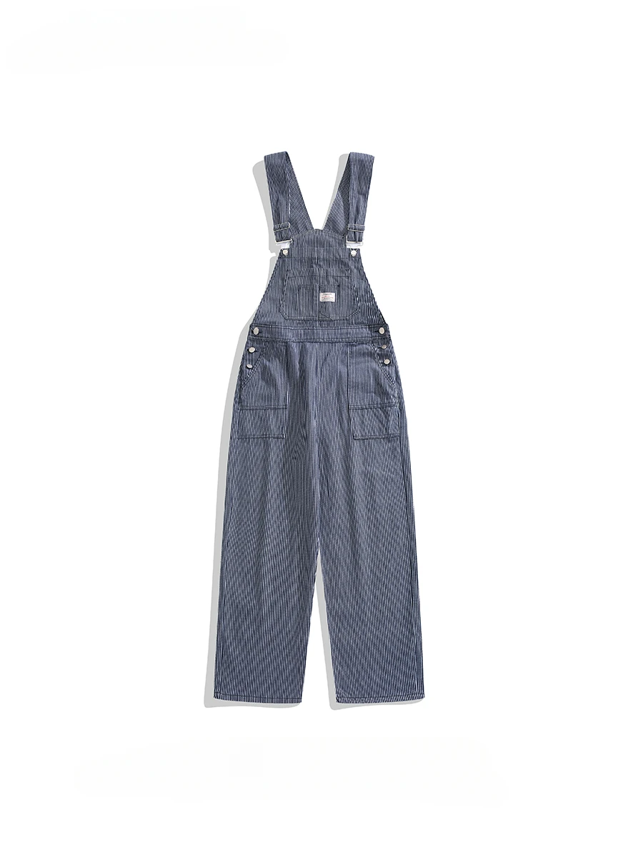 Men Women Striped Denim Overalls Jumpsuits Trendy High Street Hip Hop Straight Loose Casual Versatile Wide Leg Suspender Jeans