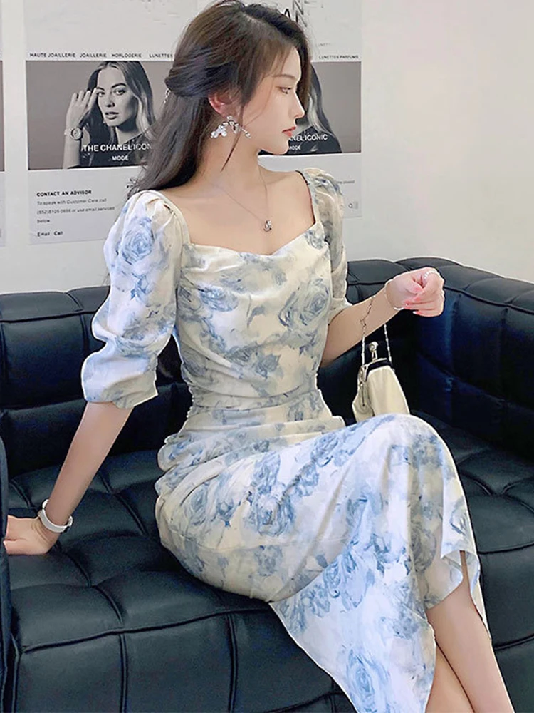 

Summer Vintage Puff Sleeve Split Midi Party Dress Ladies OL Elegant Streetwear Casual Square Collar Floral Beach Vacation Dress