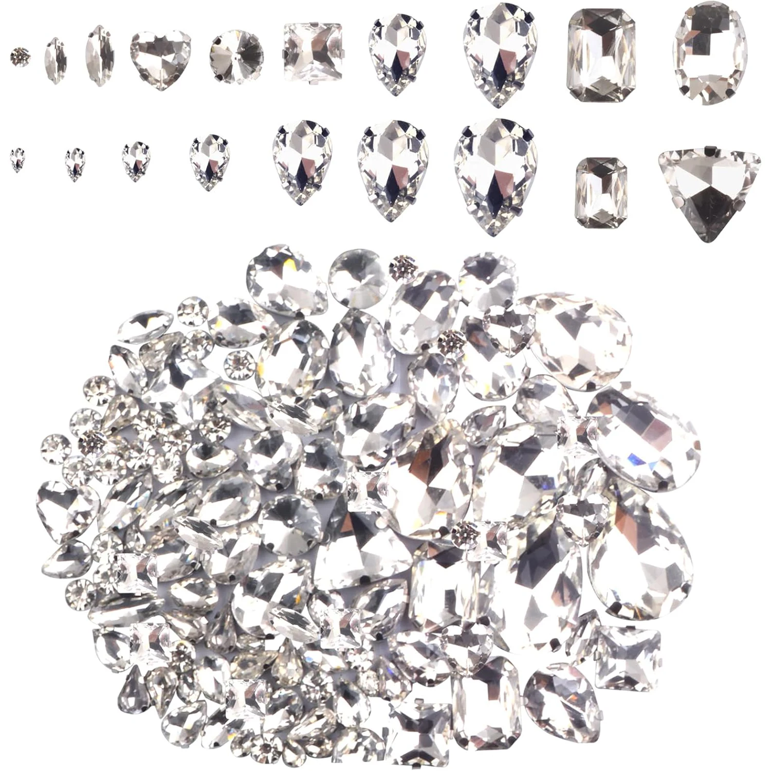 

100pcs Glass Sew on Rhinestones Mixed Shapes Clear Crystal Stainless Steel Flatback Silver Single Prong Claw Hand Decorations