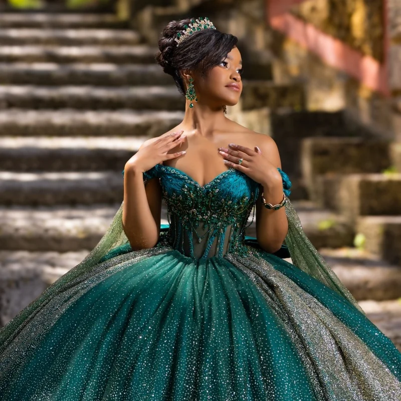 

Shiny dark green Quinceanera Dress glitter crystal flower Decal Long tail Lace Bow Vestidos De 15 Quinceanera ﻿Customize