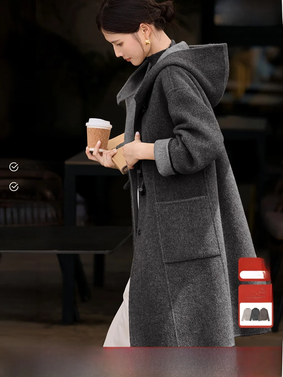 

Шерстяное пальто XWI из смесовой шерсти с двойным плетением и капюшоном для женщин, на пуговицах, средней длины, утепленное, зимнее, новое, для повседневной носки, элегантное