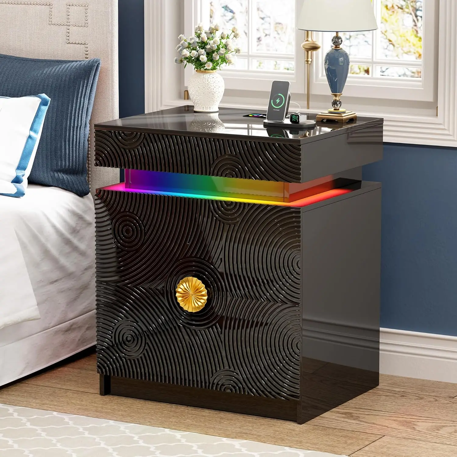 

LED Night Stand - With RGB Light, Nightstand With A Lockable Hidden Drawer And 2 Drawer, Smart Bedside Table With, Customized