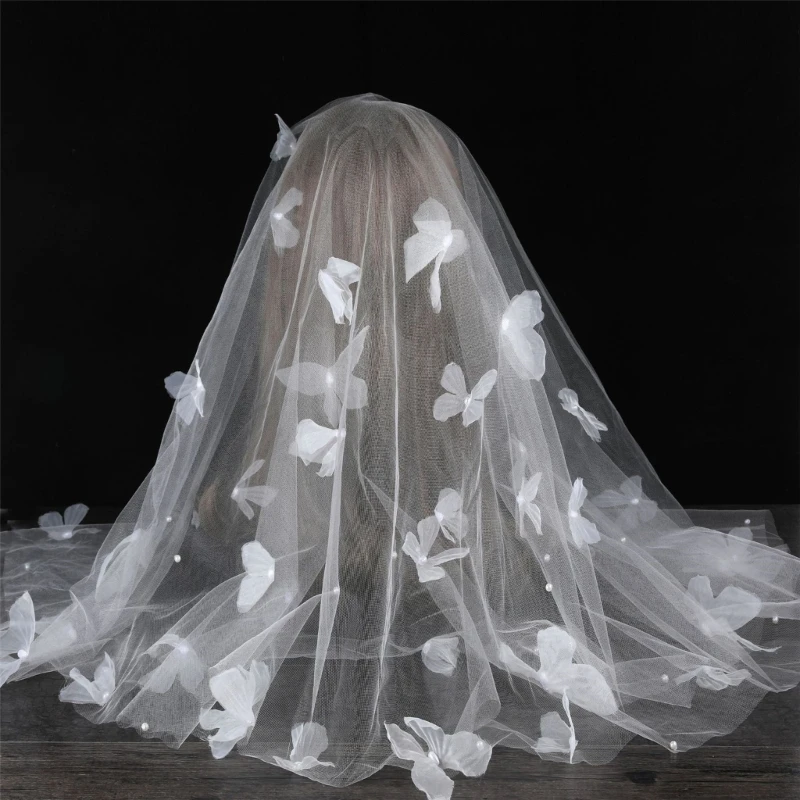 

Elegant Layer Bridal Veil With 3D Butterfly Detail Lightweight Tulle Hairpieces Decoration for Wedding and Parties