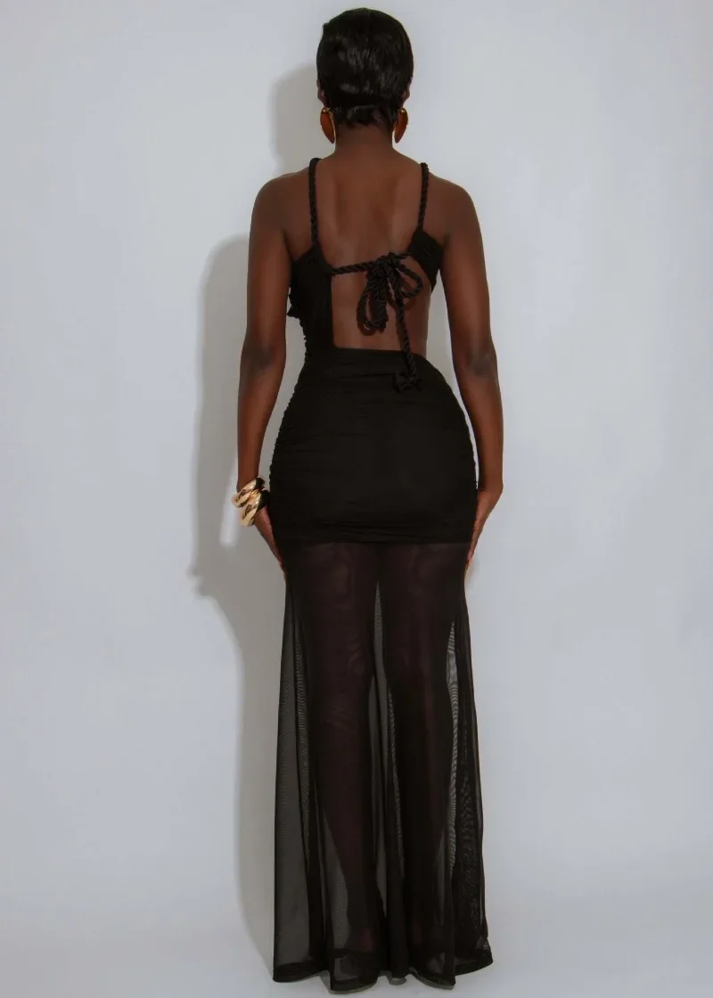 فستان نسائي طويل ماكسي بدون أكمام بكتف واحد شبكي مكشكش من GUWU 2025 ملابس الشارع الشهير فساتين حفلات أعياد الميلاد المسائية