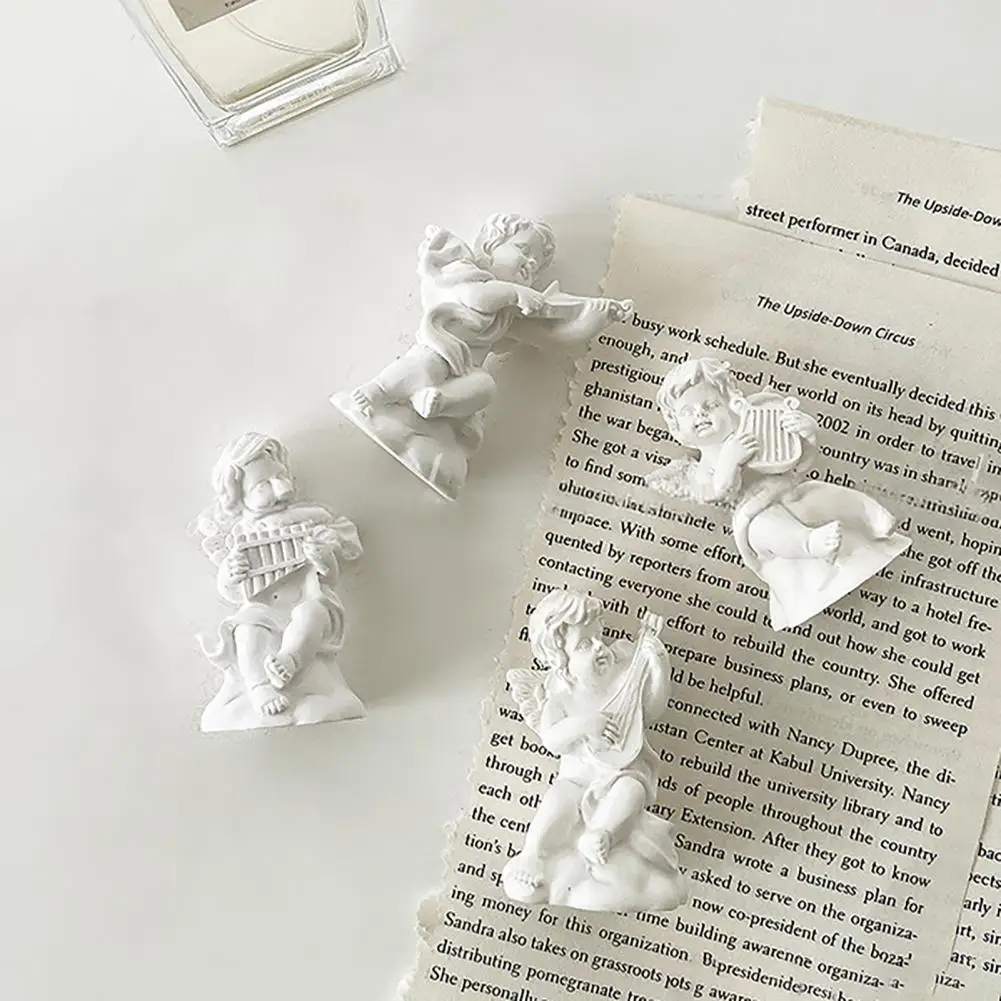 Cupid Decoration Small Cupid Statue 2 Pcs Mini Cupid Figurine Set Small Resin Cherubs Playing Musical Instruments White for Home