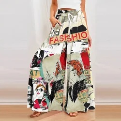 Wide Leg Pants Women Print Fashion Hip Hop Street Casual Vintage Full Length Elegent Belt Elasitic Waist Pants Plus Size Trouser