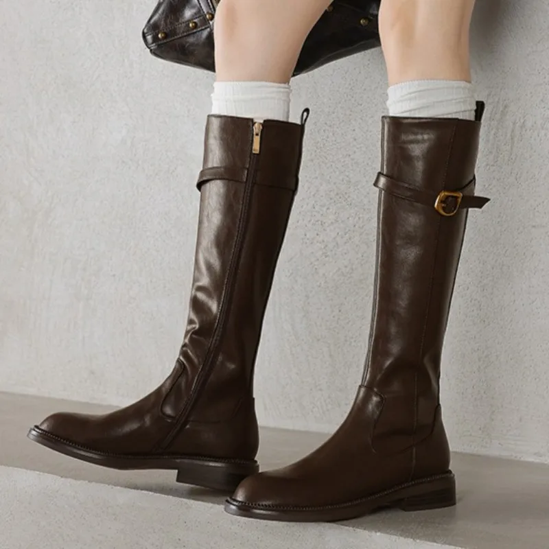 

2025 New Retro Solid Color PU Waterproof Women's Mid-calf Boots Brand Designer Women's Boots High Quality Office Knee-high Boots