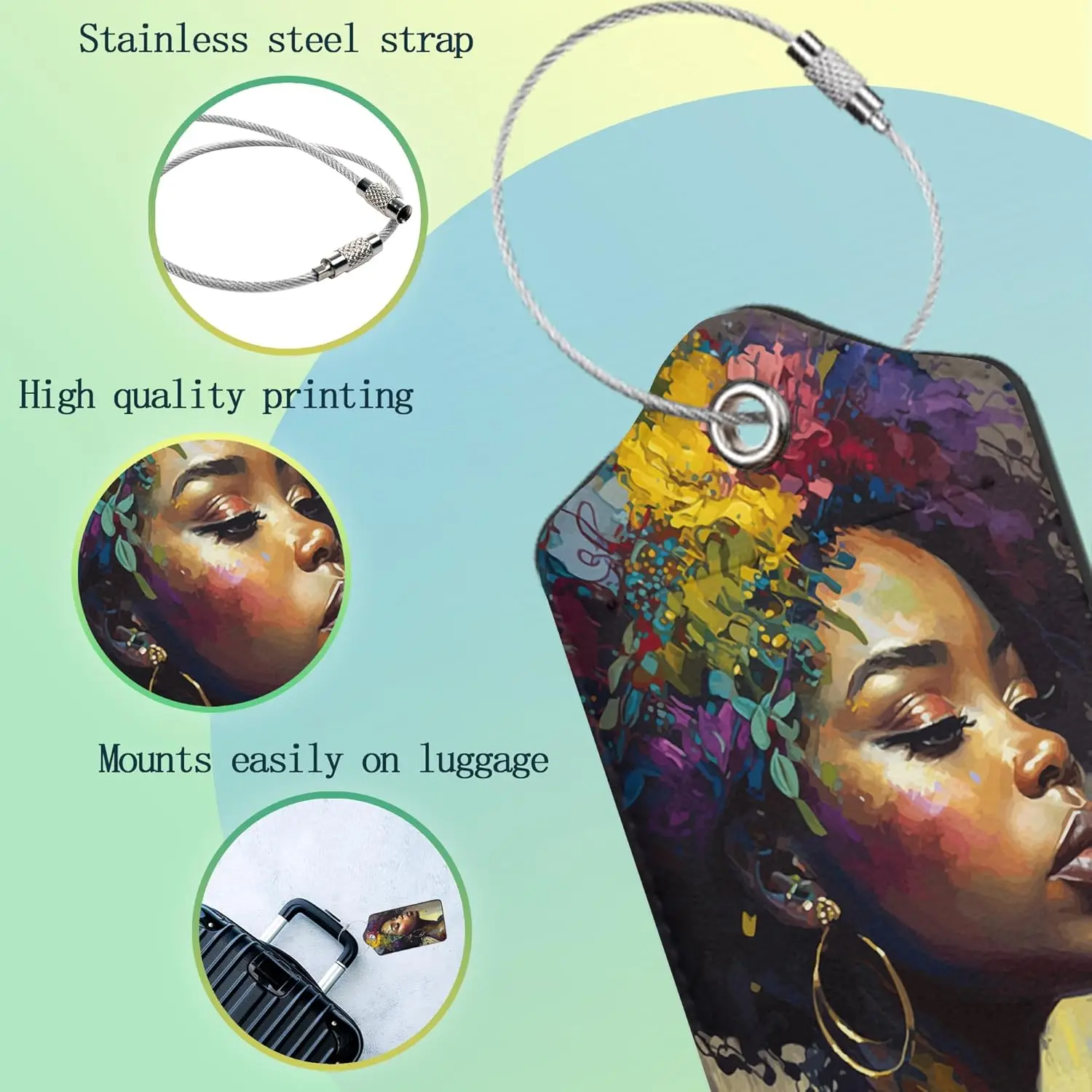 Etiquetas de equipaje para maleta Paquete de 2 etiquetas de equipaje de flores de niña africana Etiqueta de identificación de cubierta de privacidad de cuero PU con bucle de acero inoxidable