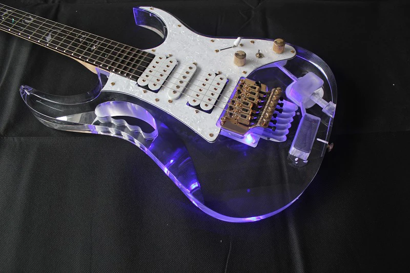 Flyoung High Quality Right/Left Handed Acrylic Electric Guitar Maple Neck Purple LED Lights Gold Hardwares