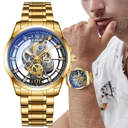 Original LIGE Men Watch Gold Stainless Steel Hollow Skeleton Quartz Watches for Men Fashion Military Waterproof Men Wristwatch