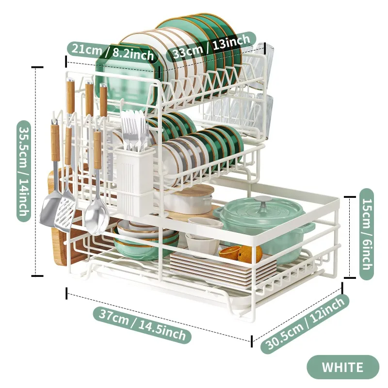 Three Tier Carbon Steel Rust Proof Expandable Countertop Dish Drying Rack Multi Functional Plate Bowl Storage Organizer for