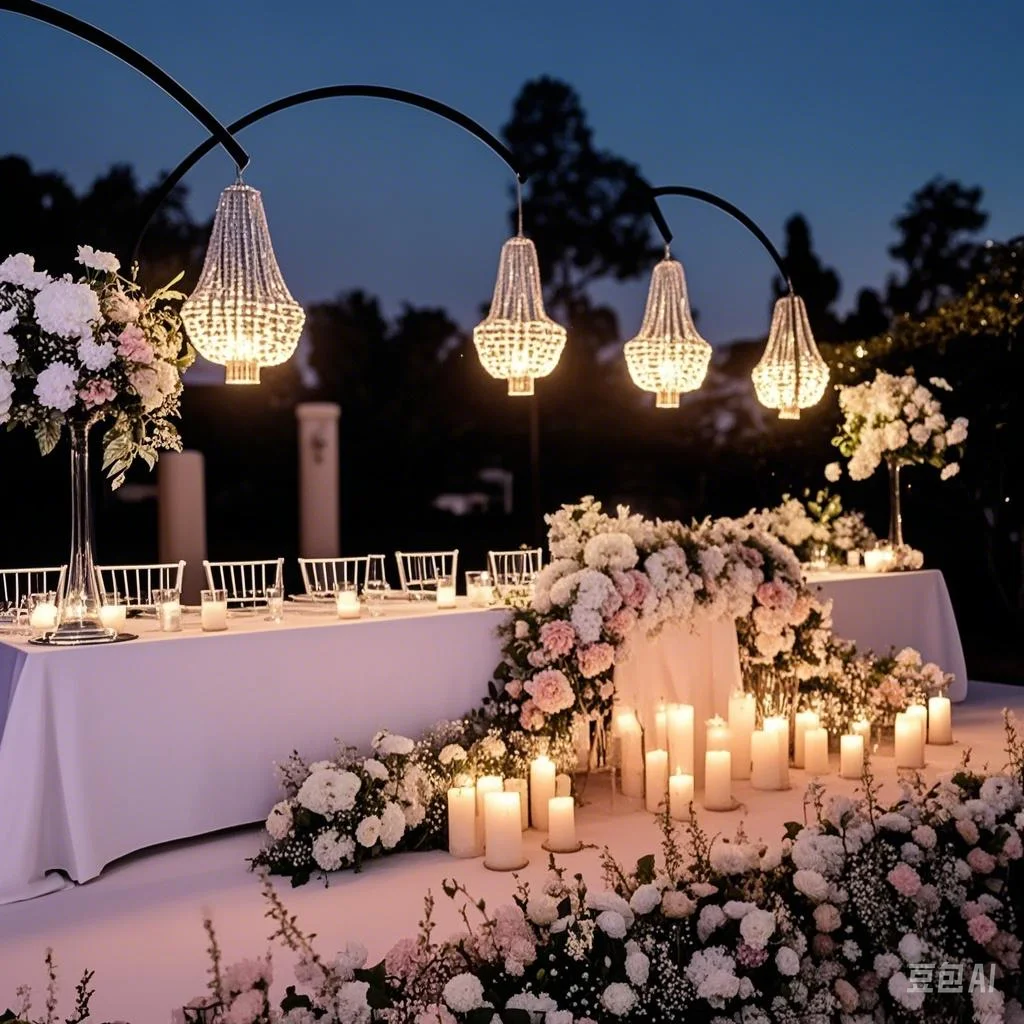 

Luxury Wedding Party Decor - Chandelier Centerpiece, Decorative Lights & Backdrop for Events