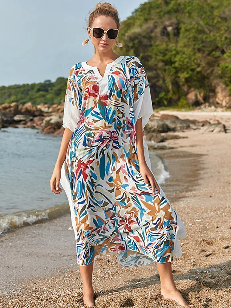 

White Fashion Print Beach Dress Bikini Cover-ups Long Kaftan Casual Maxi Dresses 2023 Summer Women Swim Suit Cover Up Beachwear