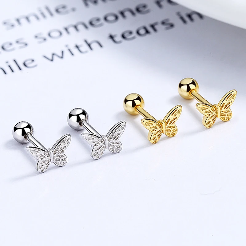 925 Sterling Silver Minimalist Hollow Romantic Butterfly Beads Small Stud Earrings for Women Charming Party Jewelry Gift