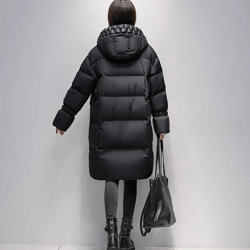 Winter Fashion Warm Black Down Jacket Womens Korean Loose 90% White Duck Down Coat Long Thick Snow Female Hooded Parker Overcoat