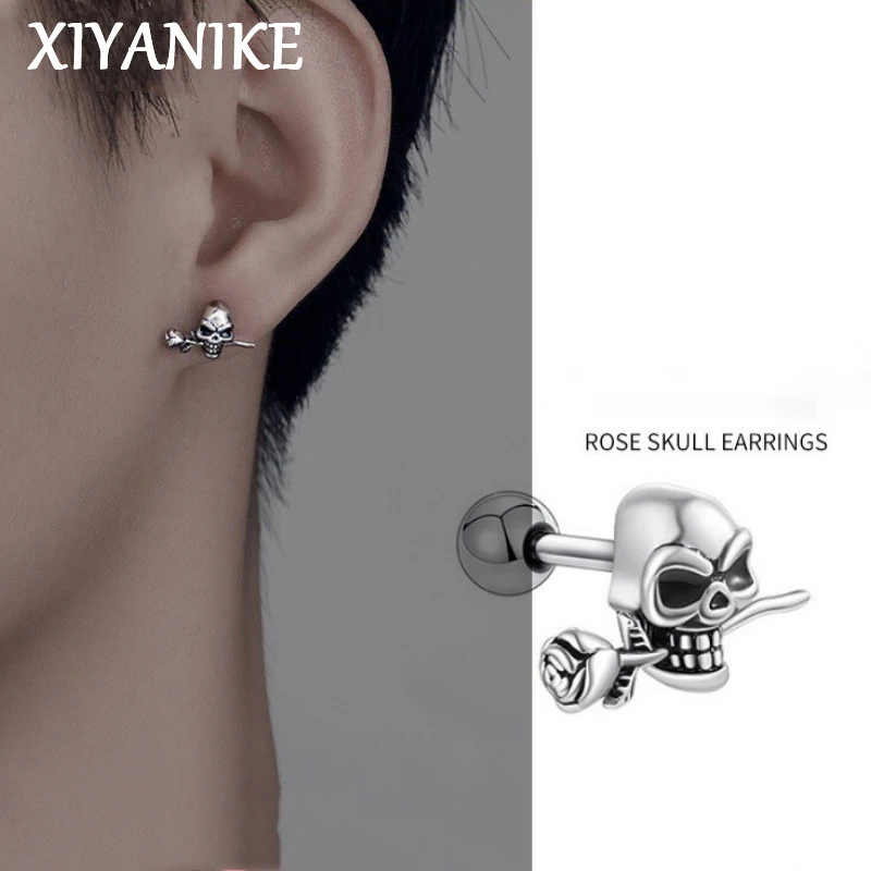 

XIYANIKE Hip Hop Skeleton Rose Screw Stud Earrings For Men Women Fashion New Ear Piercing Jewelry Couple Gift aretes de mujer