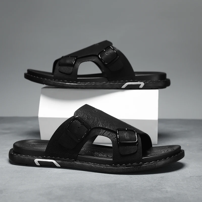 

Большие сандалии, новинка лета 2024, мужские роскошные кожаные тапочки, легкие уличные нескользящие пляжные сандалии, модные рабочие тапочки из искусственной кожи