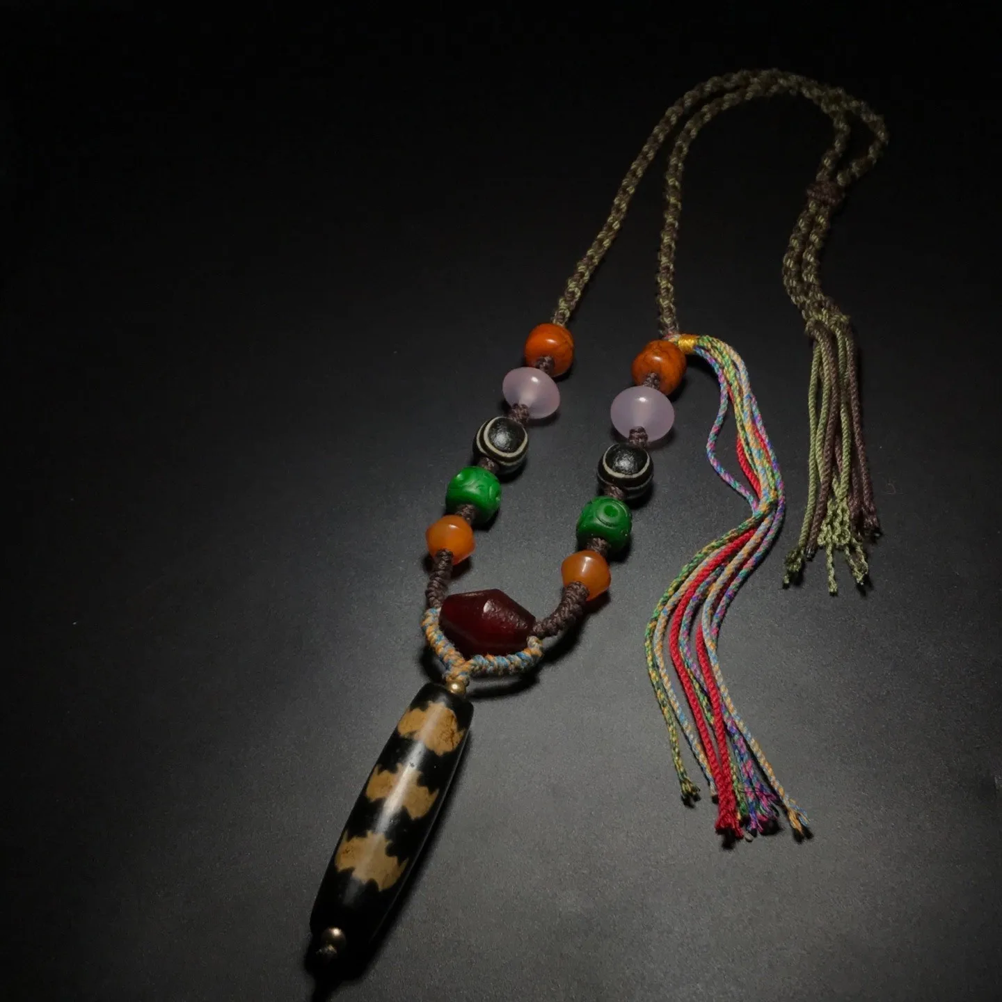 Collectible Tibetan Old Agate Dzi *5 Bats* Bead Amulet Necklace J0324