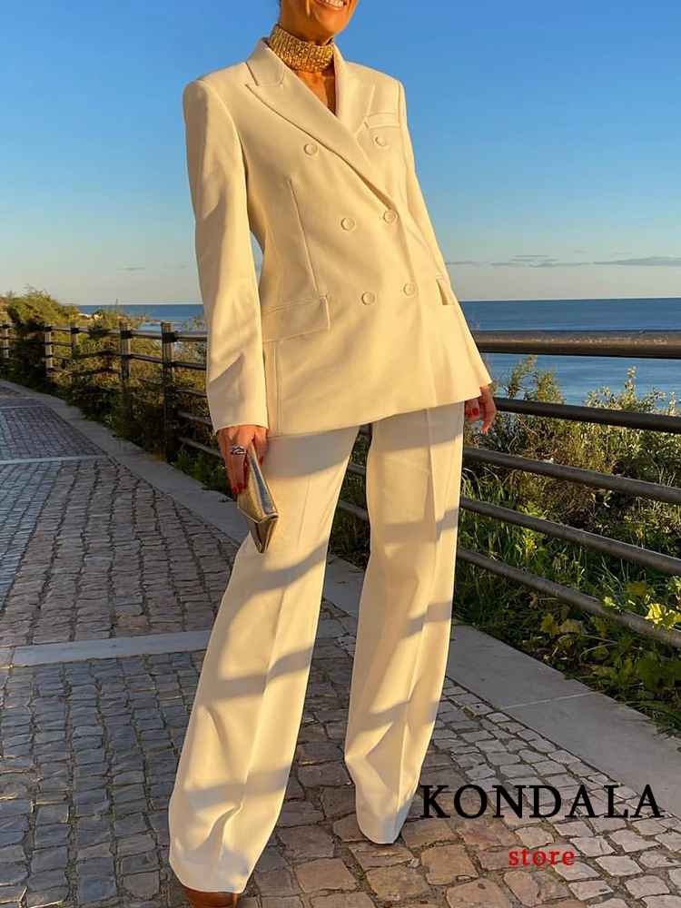 KONDALA Vintage Fashion 2023 Spring Solid Women Suit Office Lady Chic Casual Single Breast Vest Loose Blazer Wide Leg Zip Pants