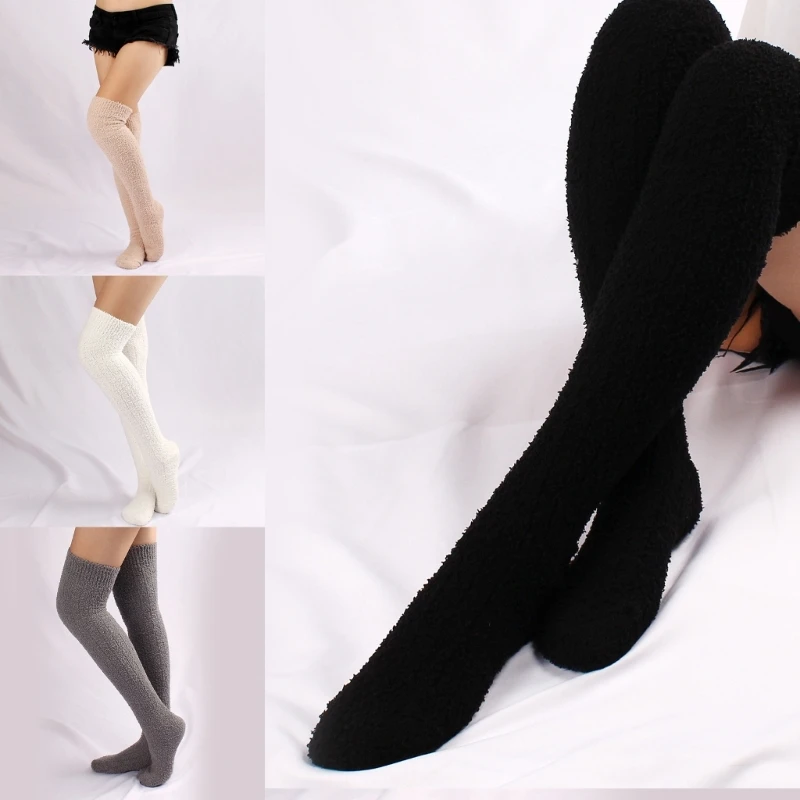 

Women Winter Coral Fleece Fuzzy Over Knee Winter Boot Socks Solid Color Furry Warm Thigh High Long Leg Warmer Stockings