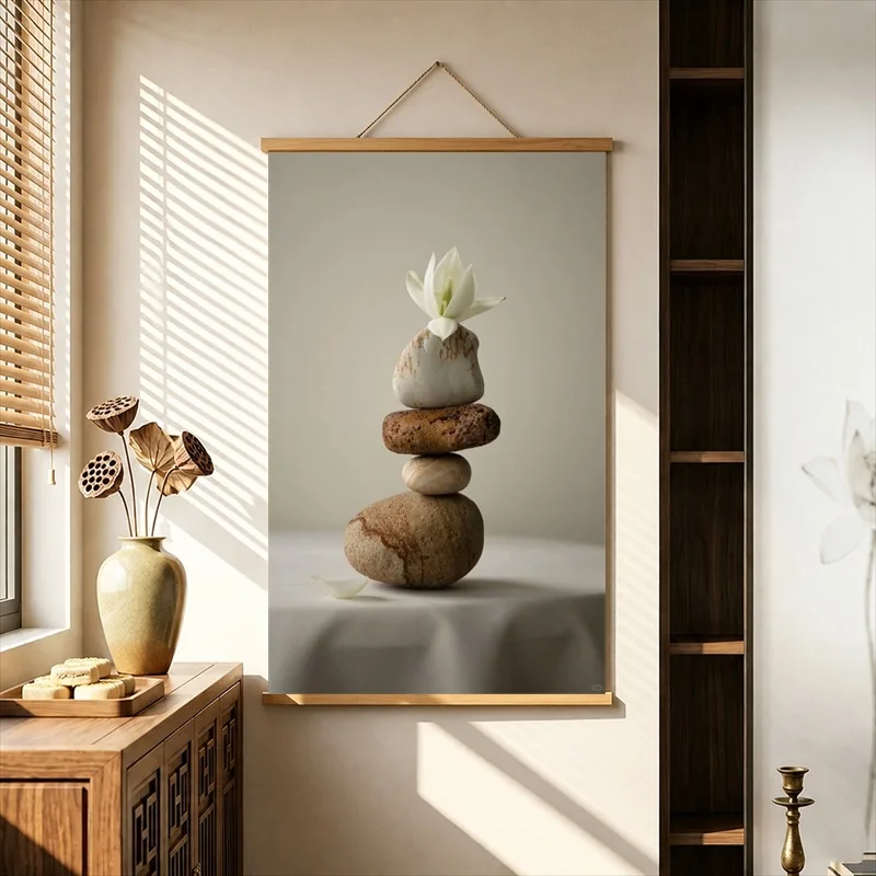 Wall Decorations Balanced Stones and Quiet Zen Gardens, Wabi Sabi Decor Pearlescent Canvas Hanging Scroll for Meditation Nook