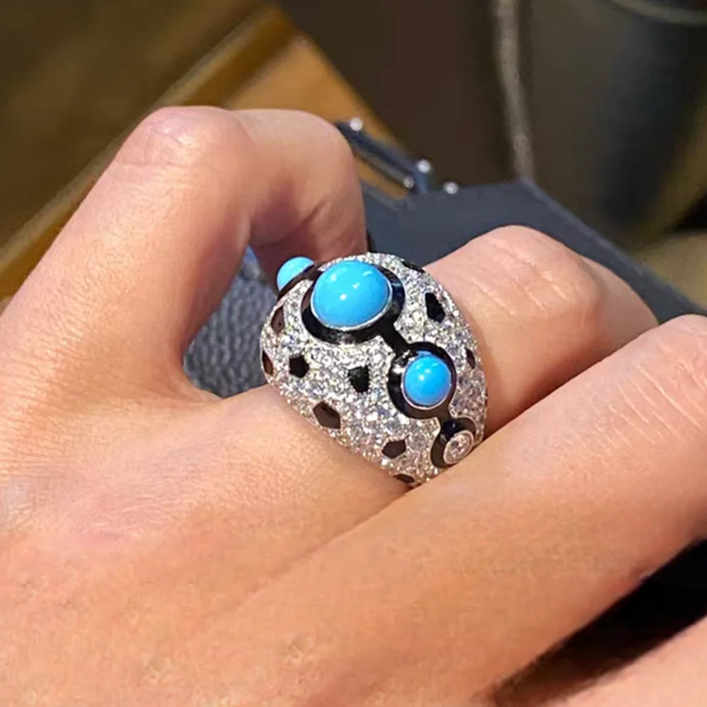 KQDANCE 925 Silver BLack Panther Leopard Print Synthetic Blue Turquoise Sapphire Gemstone Choker Necklace Earrings Rings Jewelry