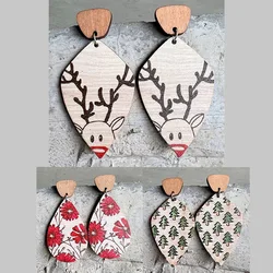 New Bohemian Vintage Wood Texture Mori Natural Geometric Earrings Christmas Deer Cute Plant Earrings for Women Jewlery Gift