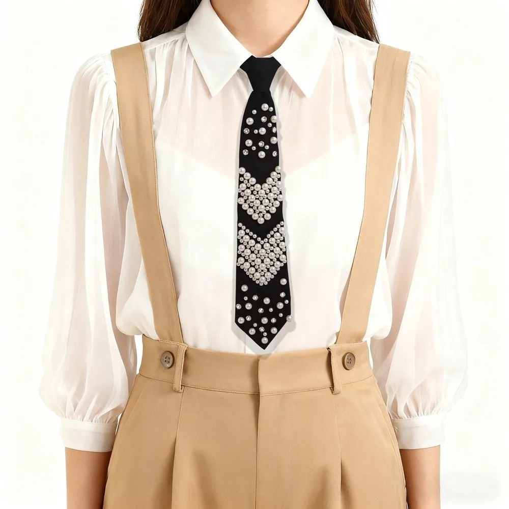 

Rhinestone Pearls Tie Korean Style Black Hand-beaded Long Necktie Geometric Collares Decoration Shirt Tie Kids
