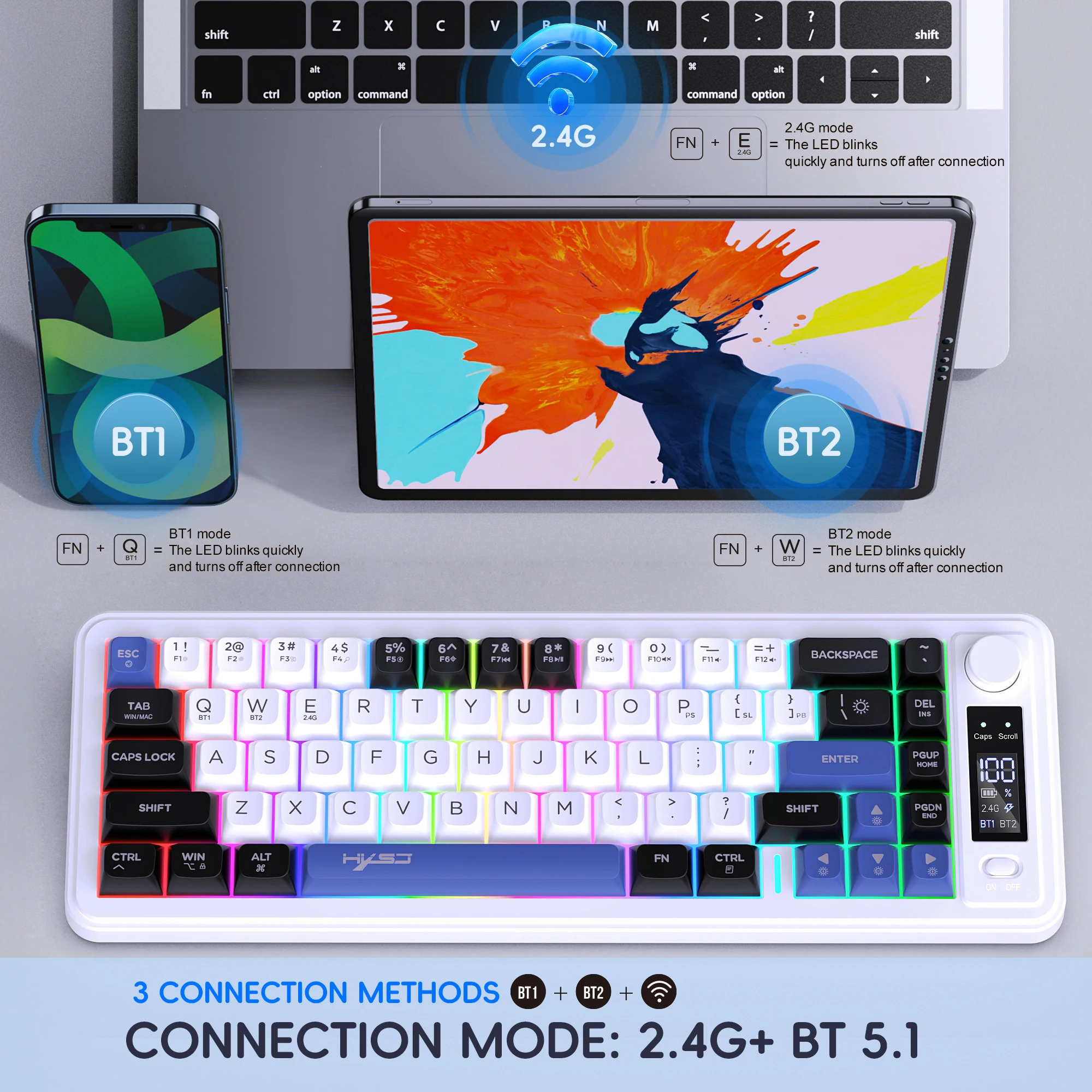 2025 New Arrival HXSJ L68 68-Key 3-Mode Wireless Gaming Keyboard RGB Backlit Ergonomic Compact Wireless Membrane Keyboard for PC