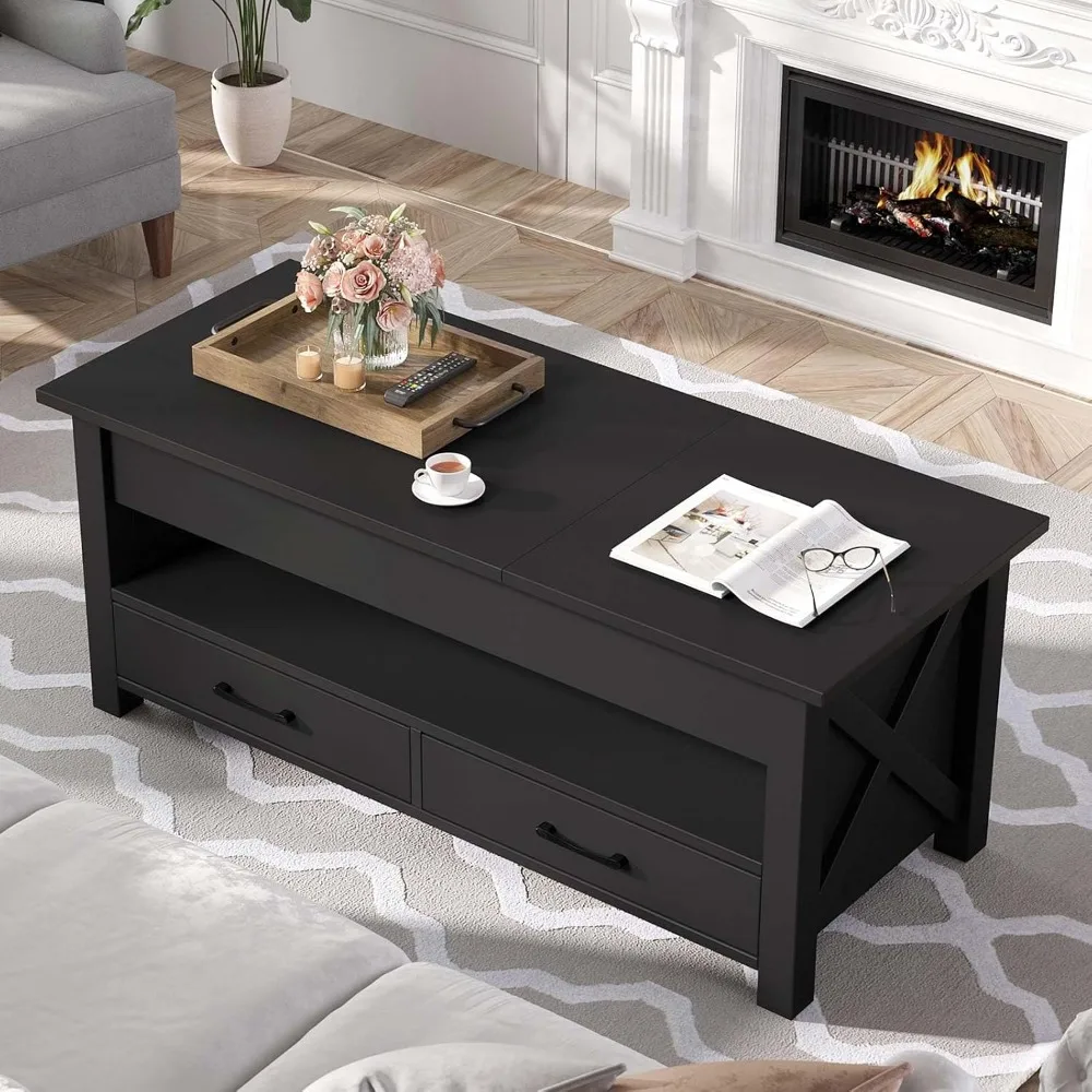 coffee table, 47.2" lift top coffee table with 2 storage drawers and hidden compartment,wood farmhouse support,coffee table