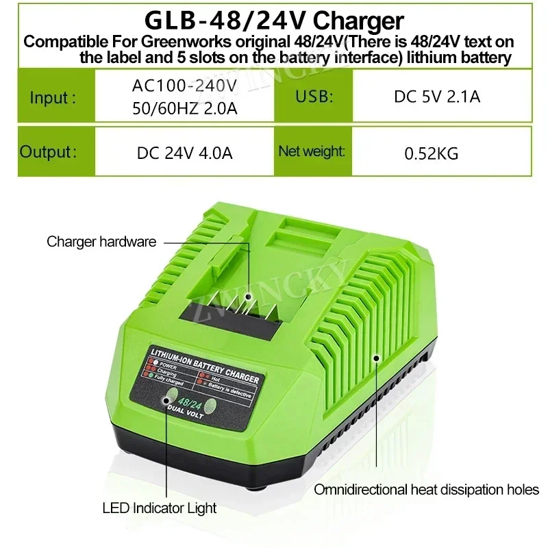 Caricabatteria compatibile per GreenWorks adattatore di alimentazione per batteria al litio 48/24V con doppia porta USB caricabatterie per utensili