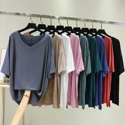 Loose Casual Modal T-shirts V-Neck half sleeves Solid color Plus size Tshirt women's tee tops all match