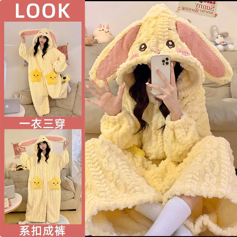 Kawaii Chiikawa Nightgown Winter Coral Velvet Women's Pajamas Cartoon Hachiware Usagi Velvet Jumpsuit Robes Thicken Home Clothes