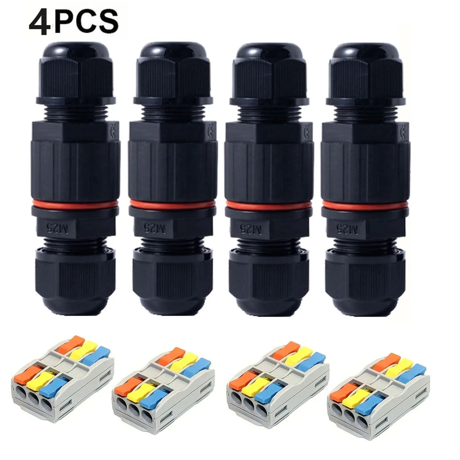 4PCS Waterproof Junction Box, 3 Way Outdoor Electrical Cable Connector, IP68 Waterproof Wire Connector Cable Range Ø 3.5-10mm