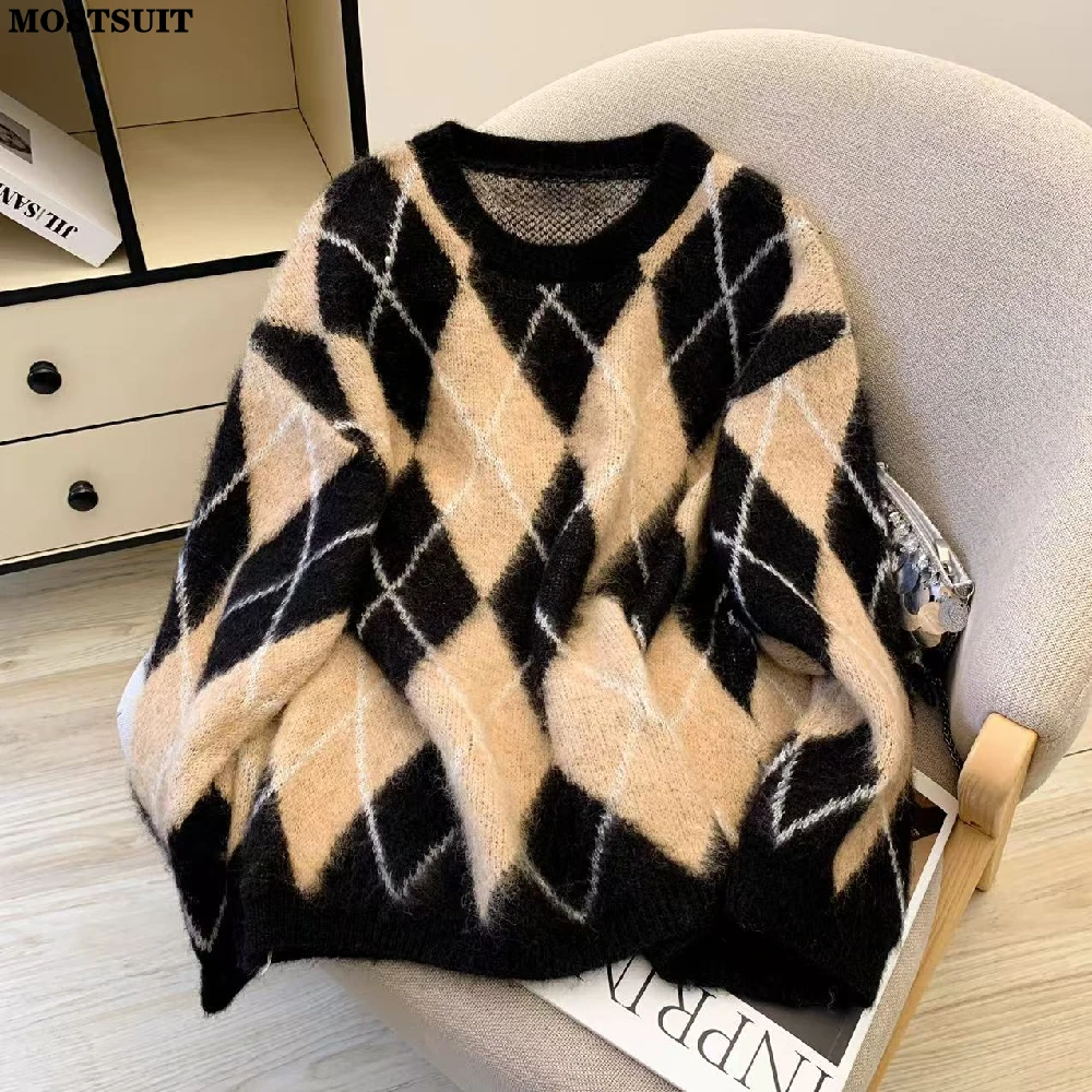 

Mohair Plaid Knit Sweater Pullover Women 2025 Winter Long Sleeve Thicken Loose Oversized Tops Fashion Loose Chic Ladies Jumpers