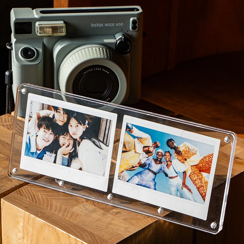 Acrylic Photo Frame Set Display For Instant Photo Picture, Four Corner Magnetic High Clear Tabletop Holder (Square Mini Wide)