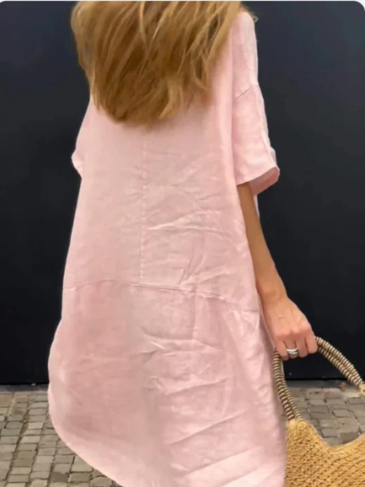 2024 ฤดูร้อนแฟชั่นผู้หญิงผ้าฝ้ายและกัญชาElegantความยาวกลางชุดพลิกคอครึ่งเปิดสบายๆหลวมชุดสตรี