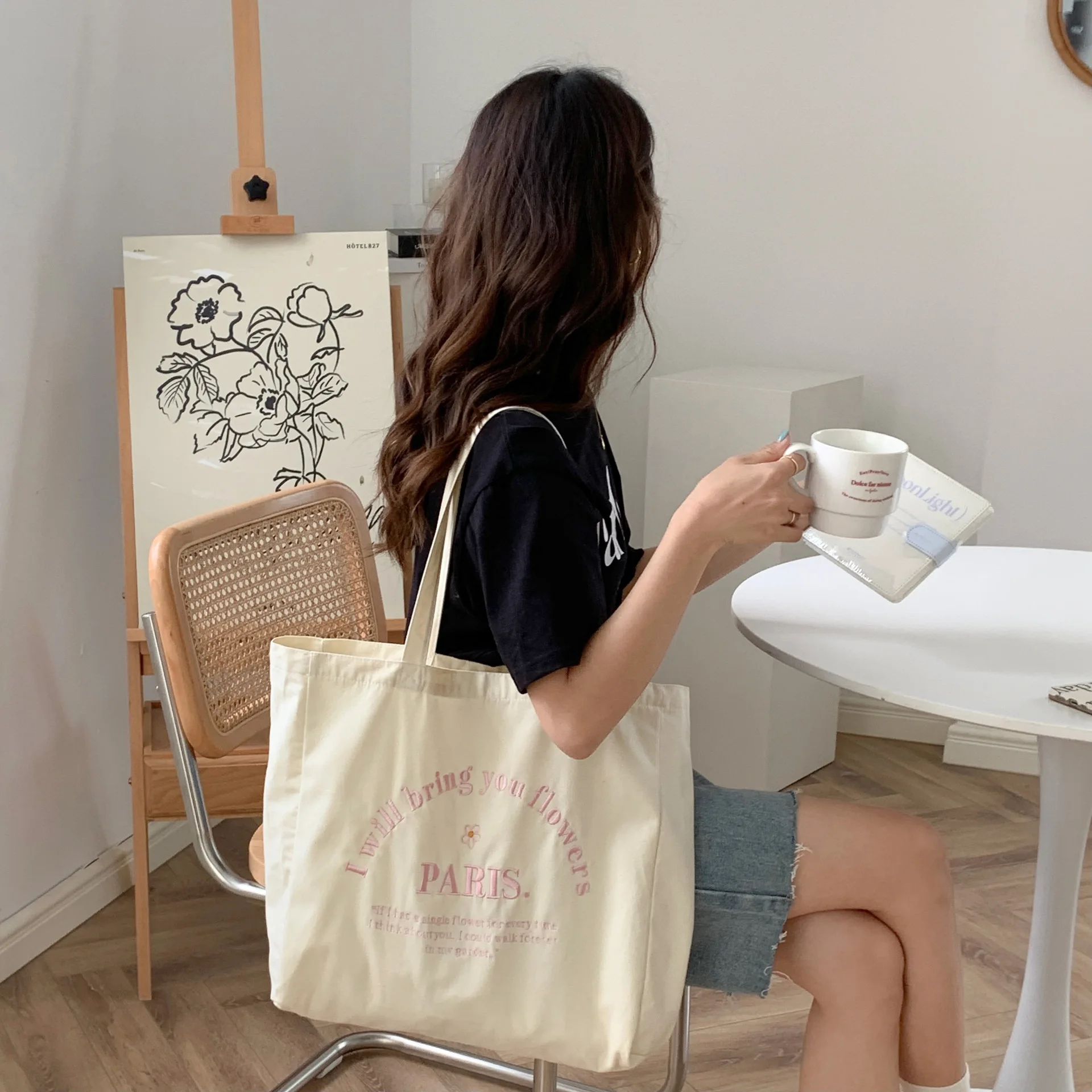 Letter Embroidered Women\'s Canvas Shoulder Bag Large Capacity Student Girls Travel Casual Tote Handbags Female Eco Shopping Bags