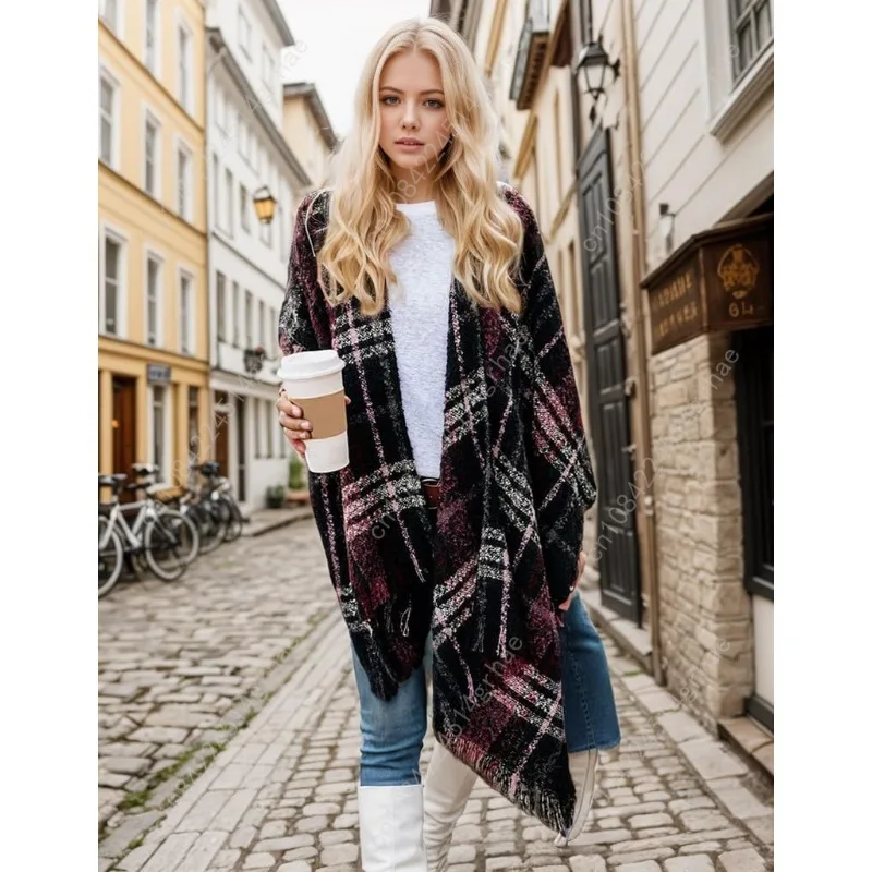شال نسائي يلتف مفتوح من الأمام أثناء السفر، سترات منقوشة كبيرة الحجم دافئة، شالات صوفية غير رسمية #3