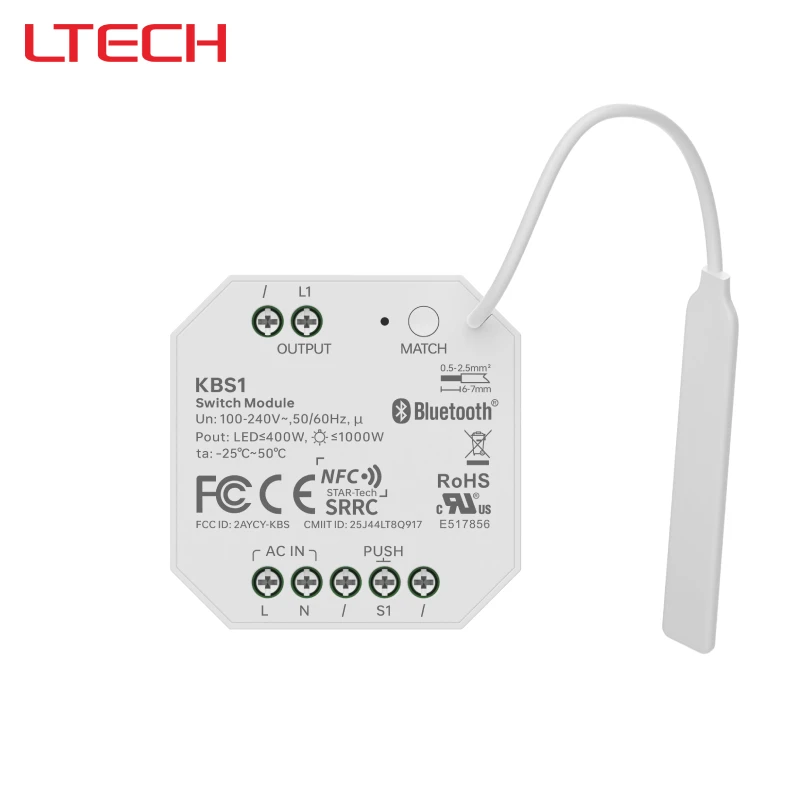 LTECH BLE Single-channel Relay Wired Dimming Wireless Control Module NFC Programmable Supports OTA online upgrades UL KBS1