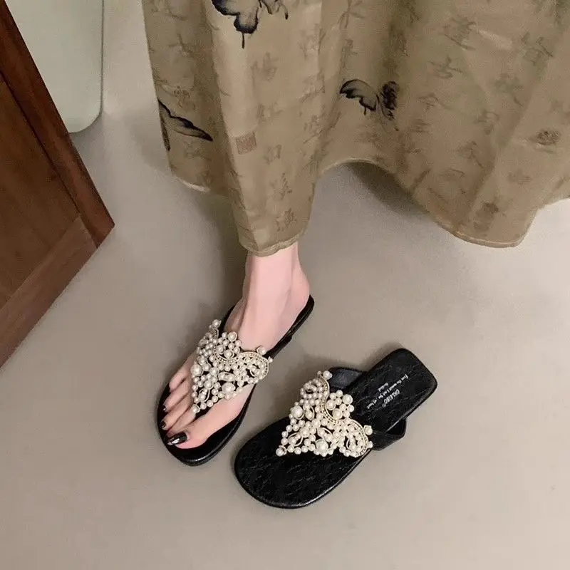 2024 New Summer Sweet Wind Beaded Design Double-toe Holiday Flip-flops Women's Shoes Elegant Fashion Casual Flat Sandals