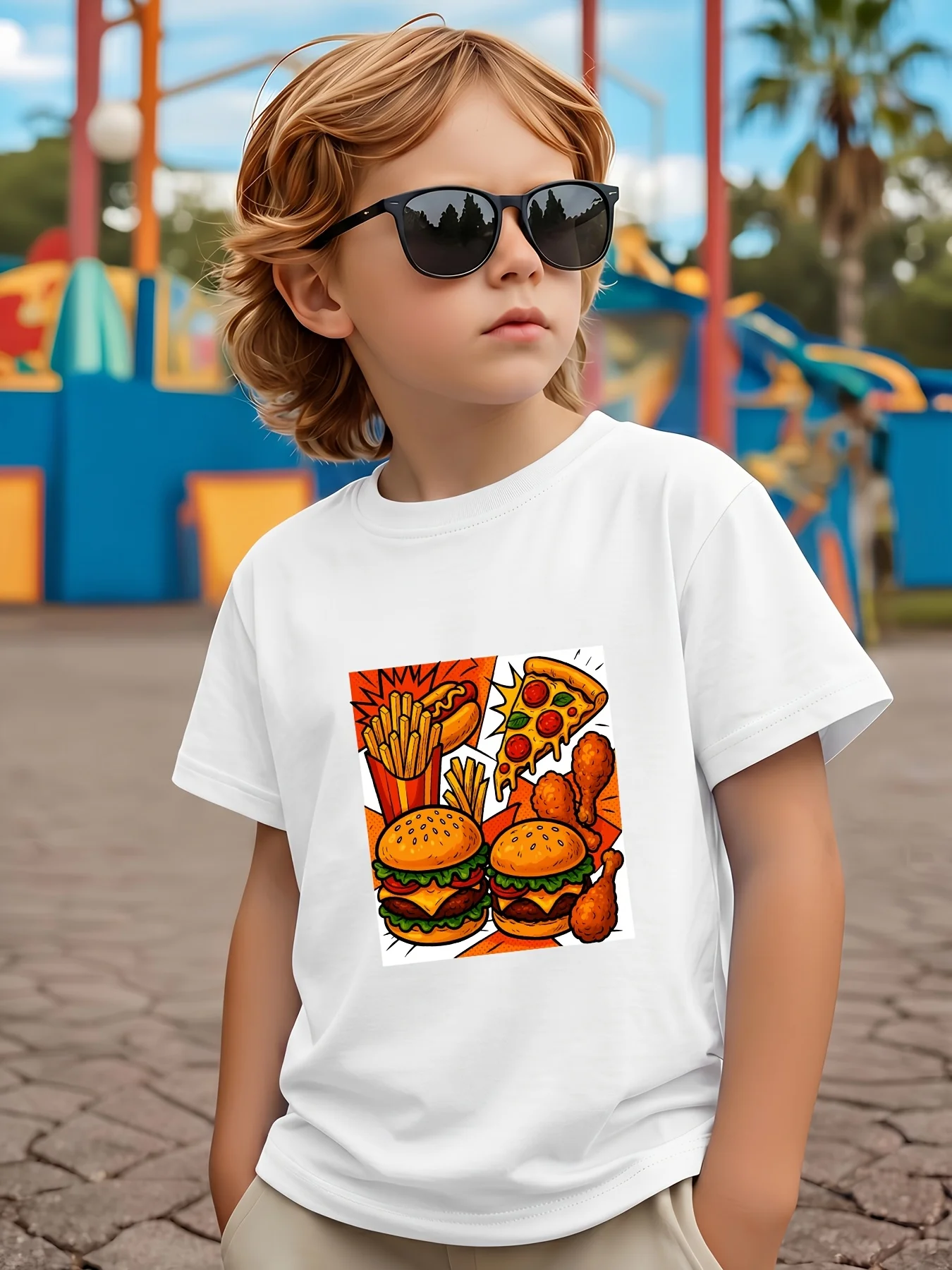 Hamburgers French Fries Pizza Fried Chicken Printed Fun Children's T-shirt, Creative, Trendy, Comfortable Parent-child T-shirt