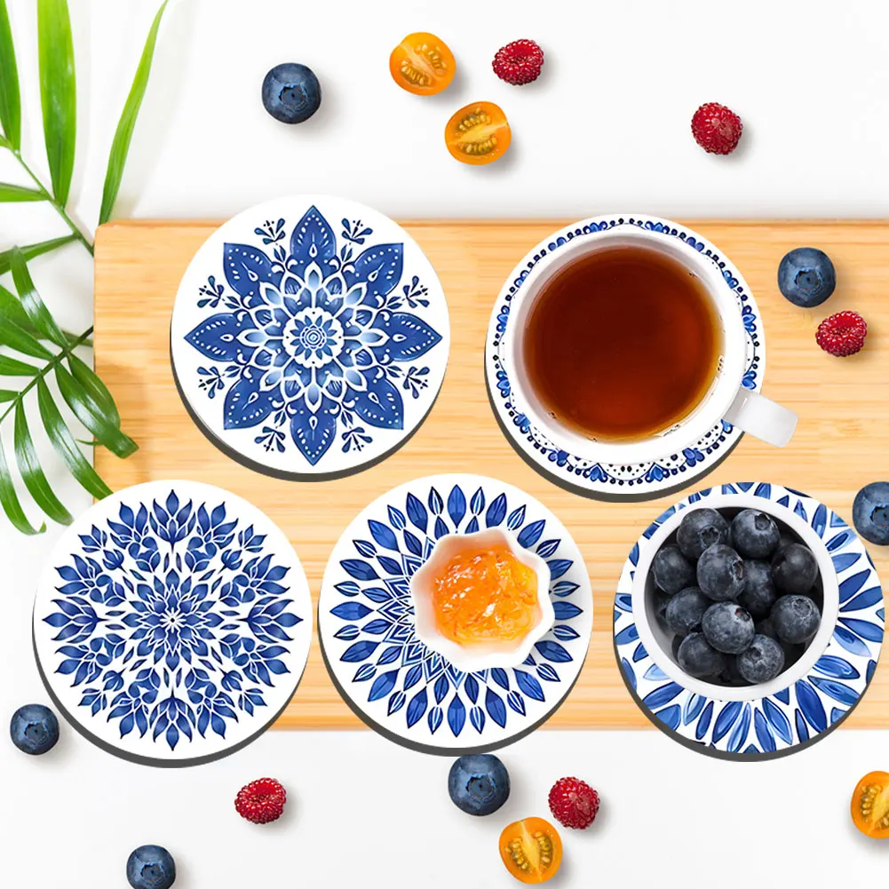 6Pcs Wooden Blue And White Porcelain Mandala Cup Coasters Set Non Slip Round Coasters Drink Coasters for kitchen Accessories