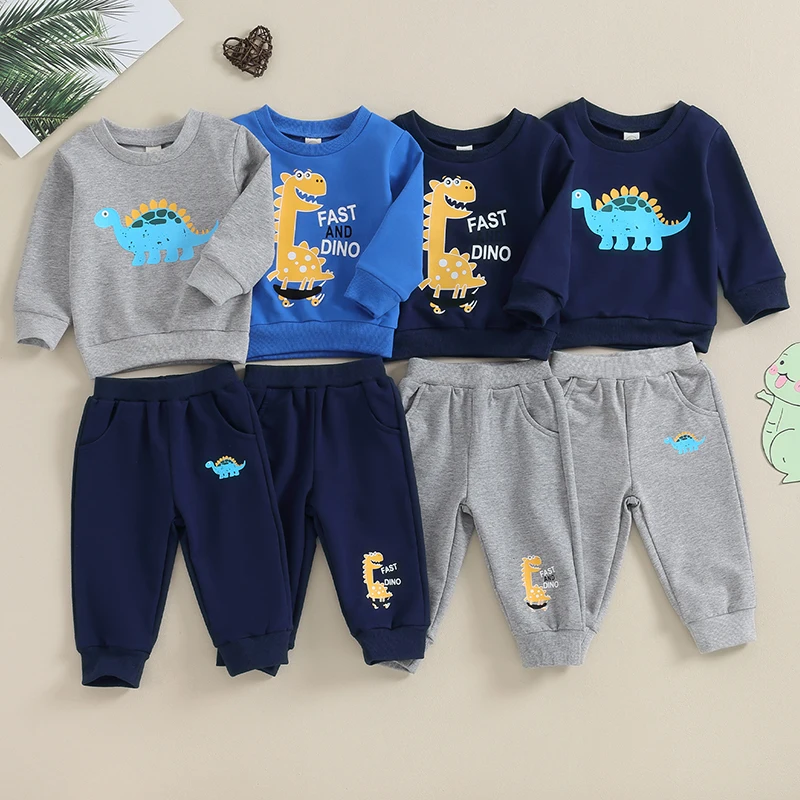 

2023-10-11 Lioraitiin 0-3Y Baby Boys Clothes Set Long Sleeve Crew Neck Cartoon Dinosaur Print Sweatshirt with Sweatpants Outfits