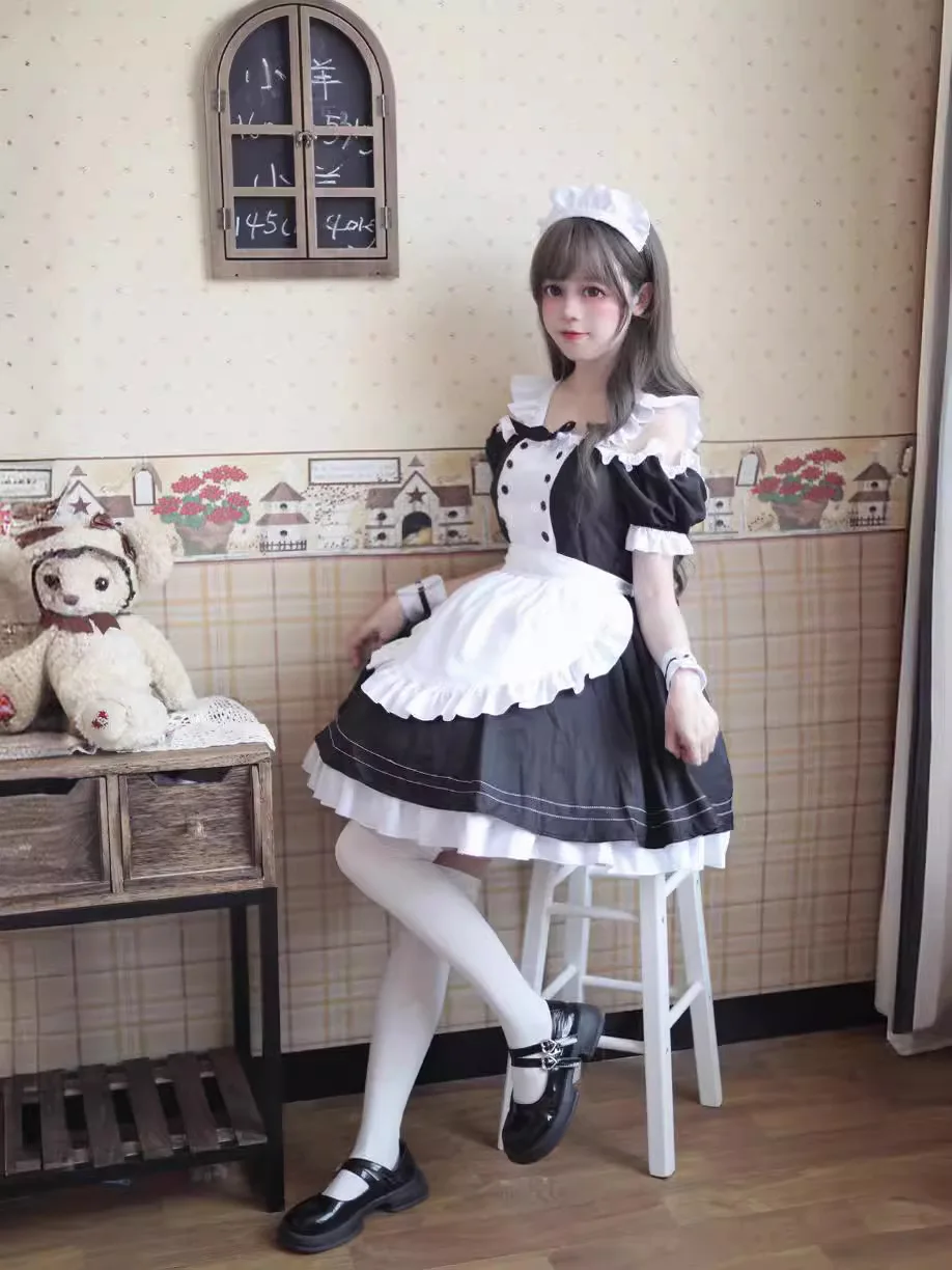 Vestido de sirvienta de Lolita para niñas, traje de Cosplay de gato sin hombros, color negro, tallas S a 5XL