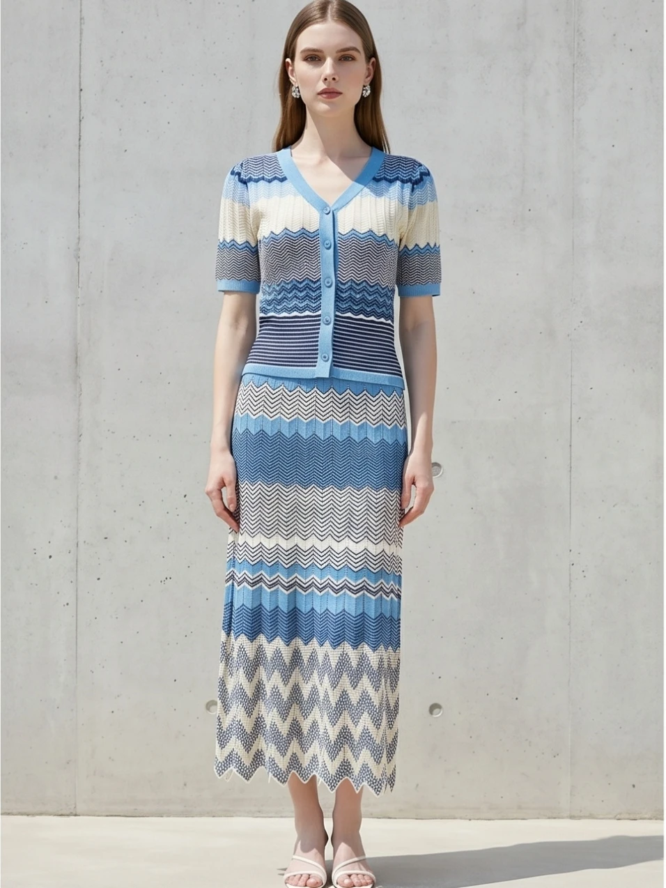 Zigzag Luxusmarken-Design Blaues Elegantes 2-Teiliges Strickkleid-Set für Damen Zig Zag Arabisch Europäisch Beliebte Urlaubs-Strandkleidung – Detail 10