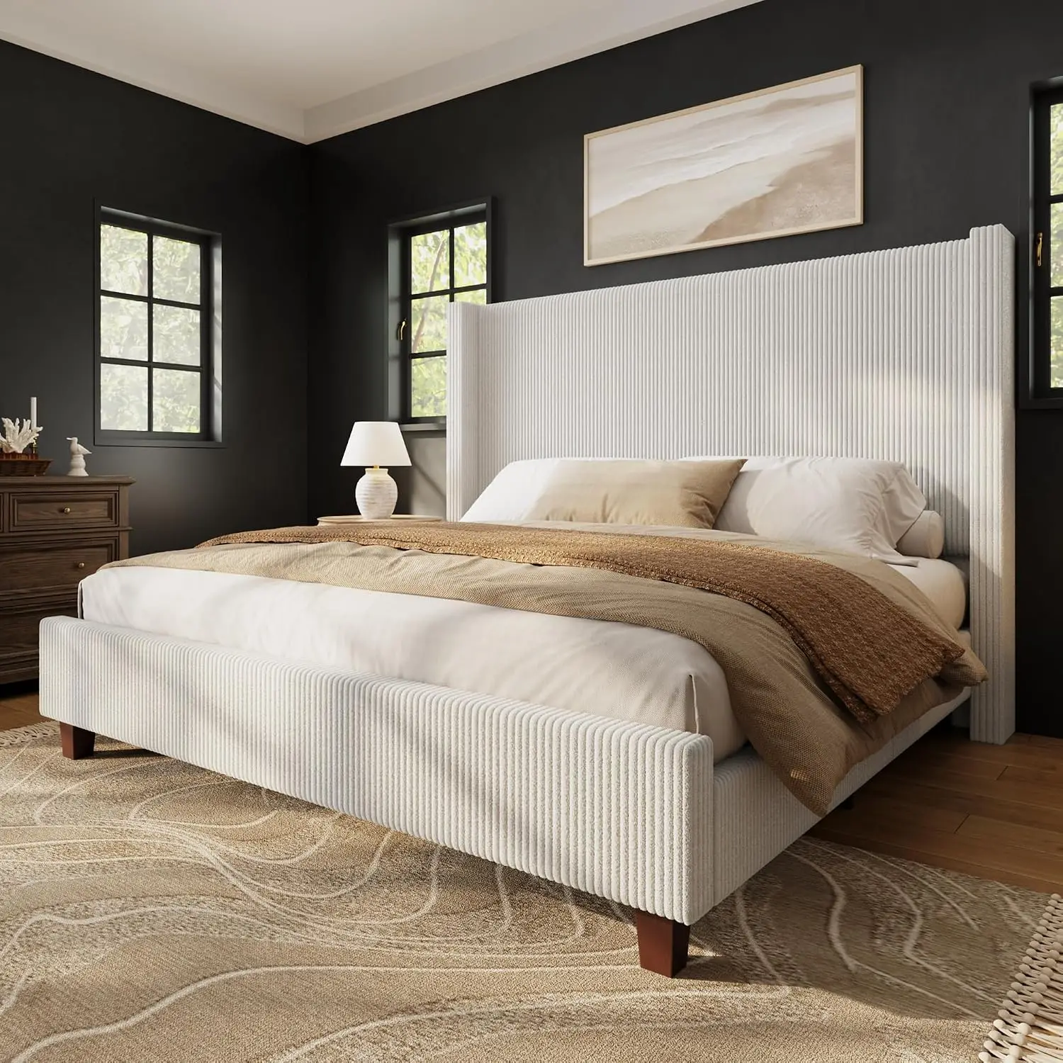 Corduroy Wingback Queen Bed Frame 50.8 Inch Upholstered Platform with Headboard, Customized
