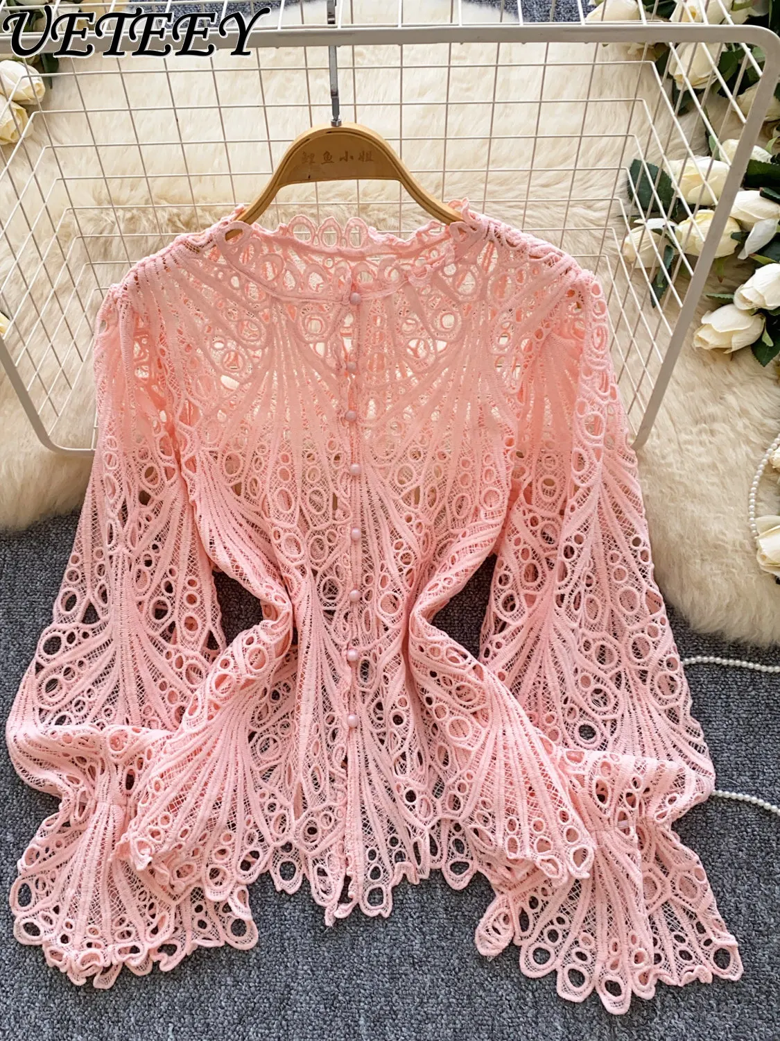 

Korean Hollow-out Crochet Lace Blouse Women Spring Long Sleeve Loose Fit Sun Protection Shirt Cardigan Elegant White Lace Top